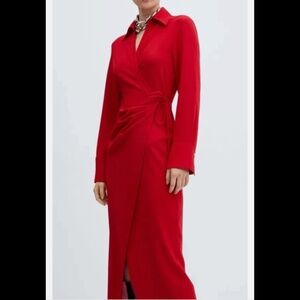 MANGO Bilma Wrap Front Long Sleeve Midi Dress Shirtdress Size S, Red